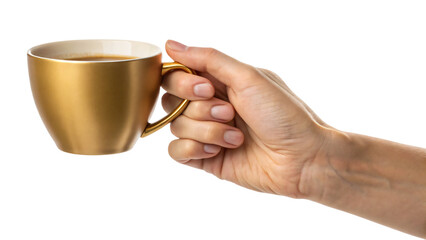 Woman's hands gently hold a gold mug, a comforting blend of coffee or tea for a morning break