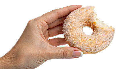 Hand holding a delicious, sweet, round, baked donut isolated on white, a perfect breakfast pastry or snack