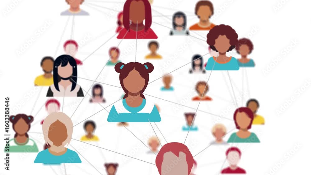 Poster social network of diverse people linked together, representing human connections and diversity. conc