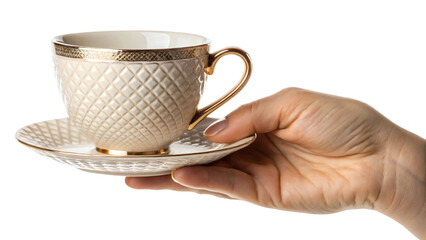 Isolated shot of a hand holding a white ceramic coffee mug with a saucer, perfect for a morning breakfast beverage