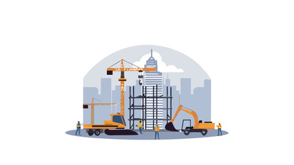 Illustration of a construction site with cranes excavators and a building under construction in a city