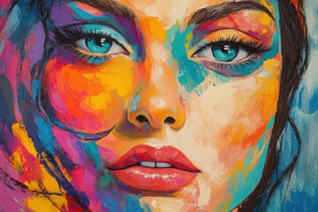 Vibrant woman portrait bold colors expressive eyes face blue