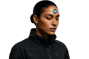 Futuristic woman with digital glowing third eye in dark tactical outfit on transparent background, person with third eye