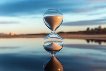 Tranquil Timekeepers An Hourglass Reflecting Life s Balance on Serene Waters, Capturing Moments