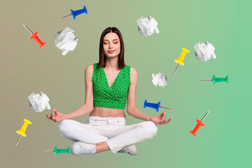 Poster image collage of young girl sit meditate on green color background with paper pins