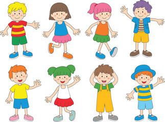 Cartoon children with colorful outfits and unique hairstyles, standing in rows, playful character design for kids, education, and diversity themes