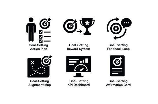 solid icon isolated goal setting action plan goal setting reward system goal setting feedback loop goal setting alignment map goal setting KPI dashboard goal setting affirmation card