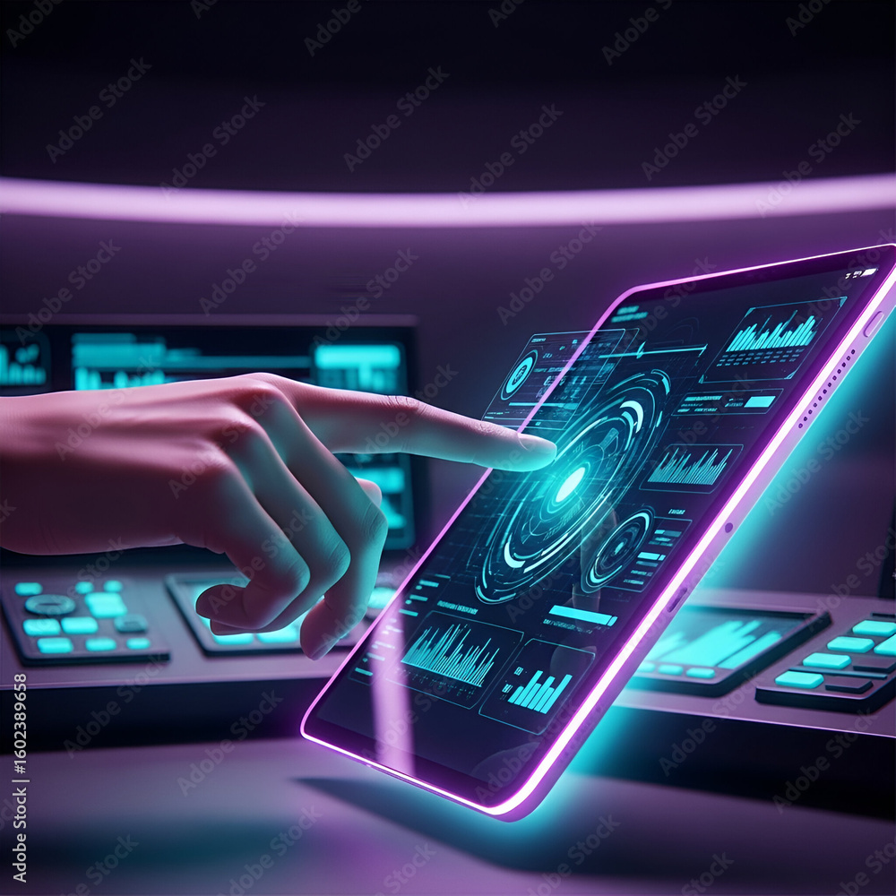Fototapete mockup image A hand interacts with a futuristic holographic interface displaying complex data visualizations and charts on a tablet.