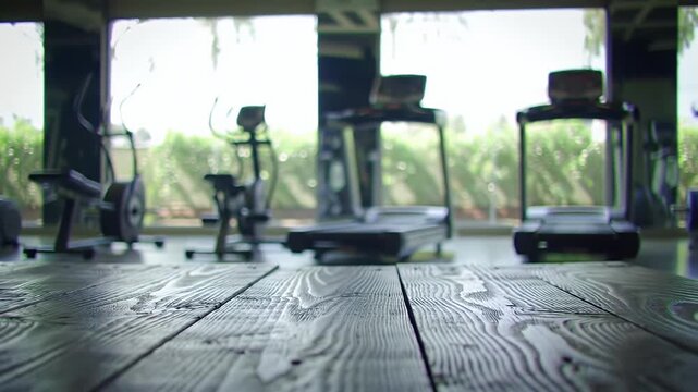 Empty Fitness Center Featuring Treadmills And Exercise Equipment With Wooden Floorboards In The Foreground And Natural Light Through Windows