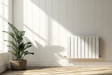 Bright and airy interior empty room with plant and white radiator on wall during daylight hours