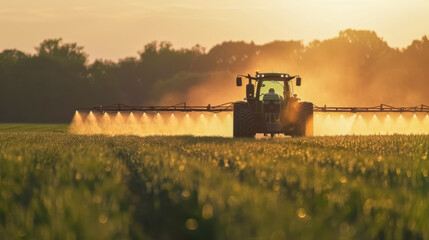 Tractor spraying crops at sunset in a vibrant rural landscape showcasing the harmony of agriculture with nature