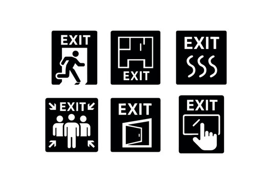 solid icon isolated eit fire escape route eit evacuation plan eit smoke curtain eit assembly area sign eit egress window eit break glass point