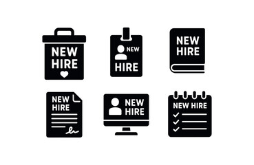 solid icon isolated new hire welcome kit new hire ID badge new hire orientation manual new hire contract form new hire computer terminal new hire onboarding schedule