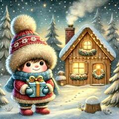 Cartoon child in red winter coat and pom-pom hat holding blue gift box standing in snowy forest near decorated wooden house with Christmas wreaths, garlands, and lights.