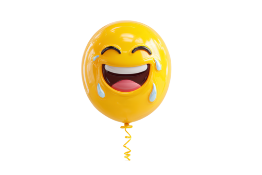 Laughing Emoji Balloon with Tears of Joy Front Facing 3D Render Glossy Finish Isolated on Transparent Background PNG 