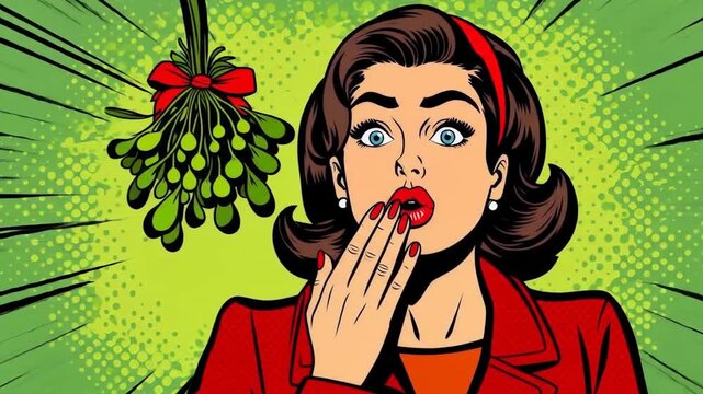 Surprise woman with red lipstick and hair under mistletoe in pop art style  