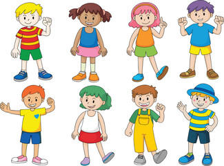 Cartoon children with colorful outfits, unique hairstyles, and expressive poses, standing in rows, ideal for diversity, fashion, and education themes