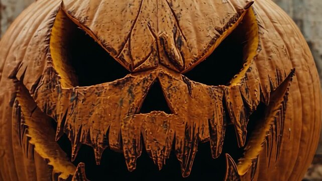Intense Halloween Pumpkin Carving: A close-up of a meticulously carved jack-o'-lantern, showcasing an intricately detailed face, ready for the eerie celebrations.