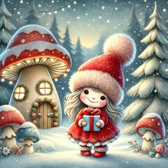 Cartoon girl in red winter dress and Santa hat holding gift box standing in snowy forest near mushroom-shaped house decorated with wreaths and lights.