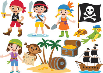 Cartoon pirate adventure with kids, treasure chest, parrot, monkey, ship, swords, map, and flag—perfect for children’s stories and education