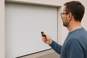 Generative AI: Garage door PVC. man use remote controller for closing and opening garage door
