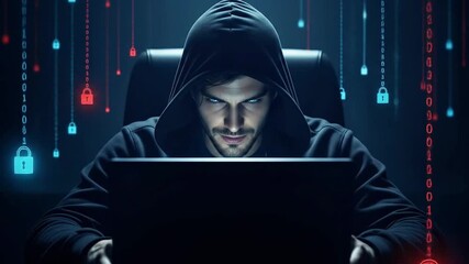 A hooded hacker working on a laptop with glowing locks representing cybersecurity threats - Powered by Adobe