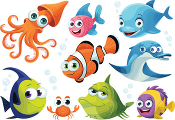Naklejka premium Cartoon sea creatures—squid, dolphin, clownfish, crab, and colorful fish—playful underwater illustration perfect for kids, education, and marine themes