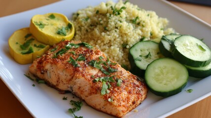 Diabetic portion plate featuring seasoned fish with vegetables and couscous for healthy eating