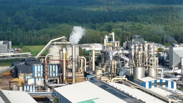 Overhead view of industrial plant showcasing wood processing in Mielec