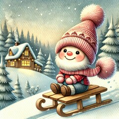 Cartoon character in pink winter hat and scarf sledding down snowy hill in forest with pine trees and wooden house with glowing windows and chimney smoke.
