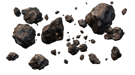 Naklejka premium Dynamic cluster of rough asteroids drifting through the vastness of space, a cosmic spectacle isolated on white or transparent png.