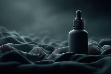 Dark, matte black dropper bottle on textured fabric