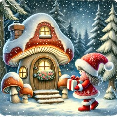 Cartoon girl in red winter outfit delivering gift box to snow-covered mushroom-shaped house with glowing windows and flower box in snowy pine forest at night.