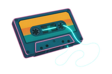 Obraz premium Glowing neon illuminating translucent retro cassette tape, symbolizing musical memories and analog sound technology