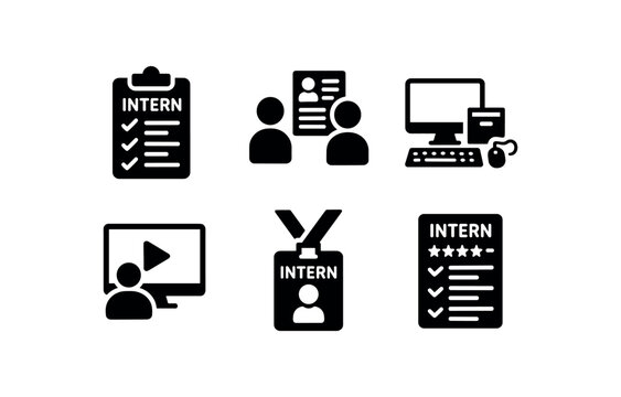 solid icon isolated intern onboarding checklist intern mentorship pairing form intern workstation setup kit intern training video module intern ID badge lanyard intern evaluation survey