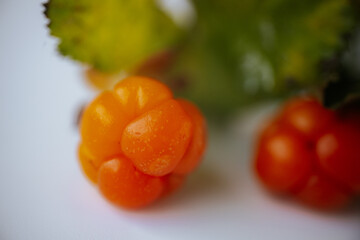 Close-up of three ripe orange melons with attached green leaves, placed on a clean, white surface...
