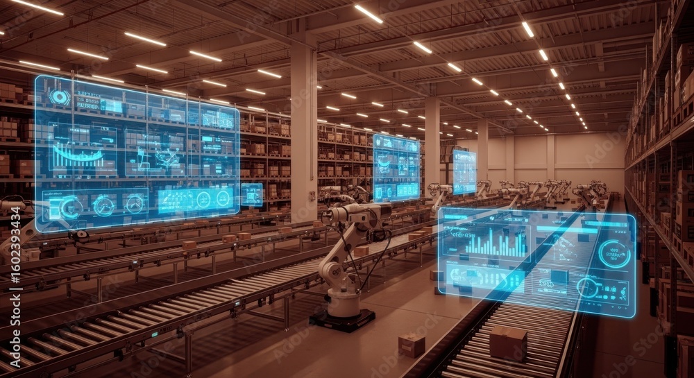 Aufkleber innovative storage warehouse with dynamic digital projections enhancing workflow efficiency.