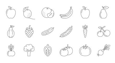 Fruit and vegetable line art icon set. Simple food illustrations for healthy diet, organic produce, and nutrition concepts.