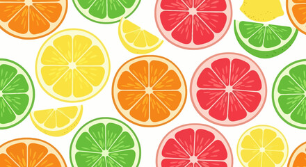 Fototapeta premium Vibrant vector pattern of mixed citrus fruits. Slices of fresh lemon, lime, orange, and grapefruit on a white background.