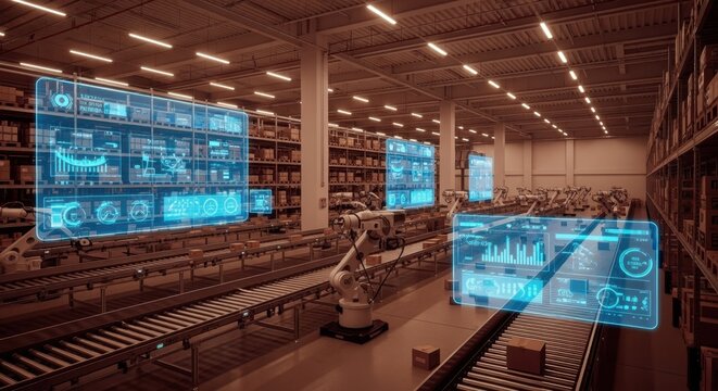 Innovative storage warehouse with dynamic digital projections enhancing workflow efficiency.