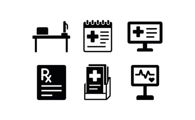solid icon isolated health office medical office desk health office appointment book health office EMR terminal health office prescription pad health office health brochure rack health