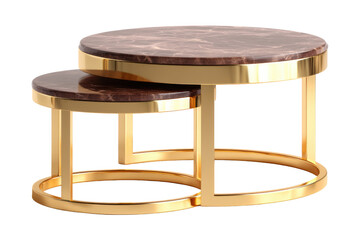 Elegant Nesting Tables: A pair of sleek, modern nesting tables showcases a sophisticated design with luxurious marble tabletops and golden metal frames.
