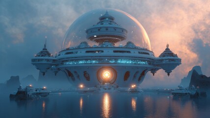 Obraz premium Advanced data sanctuary featuring sentient firewall orb and defensive ground turrets at twilight
