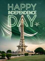 Happy independence day pakistan with minar e pakistan and national flag