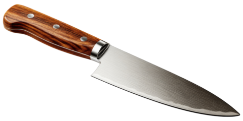The Essence of Culinary Art: A sleek, gleaming chef's knife, with a rustic wooden handle. Capturing the elegance and precision crucial for any gourmet culinary endeavor.