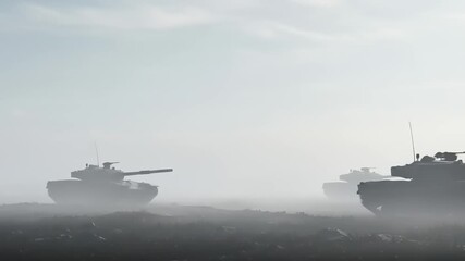 Two military tanks maneuvering through a foggy battlefield, creating a tense and dramatic atmosphere