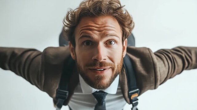 Joyful Descent: A determined man wearing a suit spreads his arms wide, conveying an audacious sense of freedom and taking a confident stride, expressing the thrill of soaring through the air.