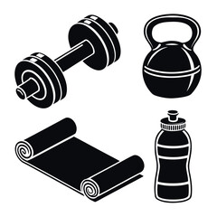Black Silhouette Icons of Gym Equipment Dumbbell, Kettlebell, Mat and Water Bottle