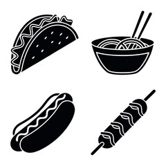 Black Silhouette Icons of Various Fast Food Items Including Taco, Hotdog, Noodles and Skewer