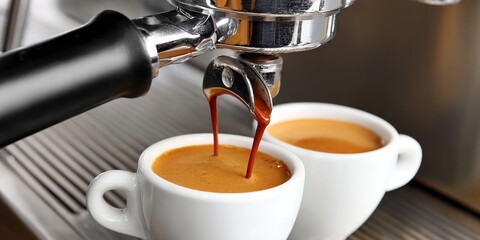 Close-up of an espresso machine brewing rich, creamy espresso into two white cups for coffee lovers